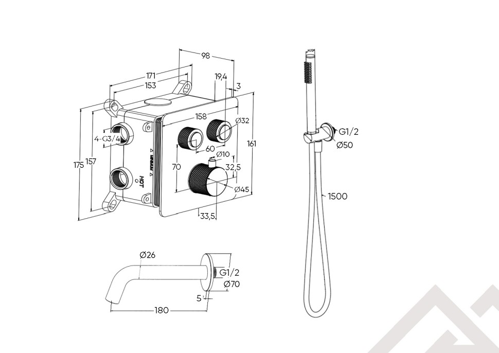Душевая система скрытого монтажа для душа MILLEAU Tissage TERMO 2SBIT/324.10-CR на 2 потока (комплект с монтажным блоком), хром