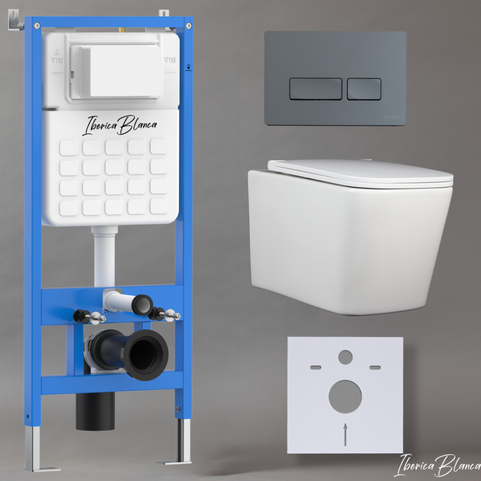 Комплект 3в1 IBERICA BLANCA инсталляция SILENCIO, унитаз TOLEDO ALTO белый, кнопка смыва ESTI-R серый матовый (IB001.TLA.231.218)