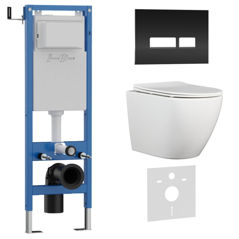 Комплект 3в1 IBERICA BLANCA инсталляция SILENCIO MINI, унитаз BILBAO ALTO белый, кнопка смыва CRYSTAL-R черный глянцевый (IB.001M.BLA.231.2211)