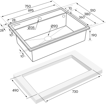 Мойка STEPIA 80, IT-GRANIT, PM117551-BLM, черный металлик, 750х510, Paulmark