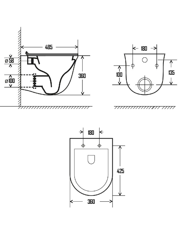 AQM2005 Унитаз подвесной с сиденьем SoftClose, технология смыва Rimless, скрытый крепеж. 485x360x360