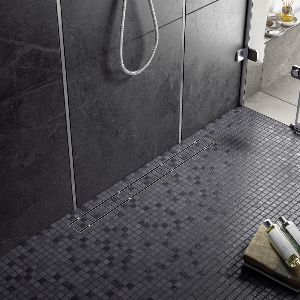 Душевой лоток TIMO Drain System 600 с двусторонней панелью "plate" под плитку, Сатин