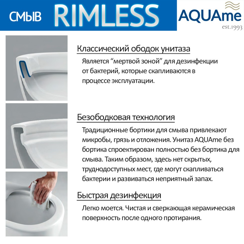 AQM2006 Унитаз подвесной с сиденьем SoftClose, технология смыва Rimless, скрытый крепеж. 520х360х410