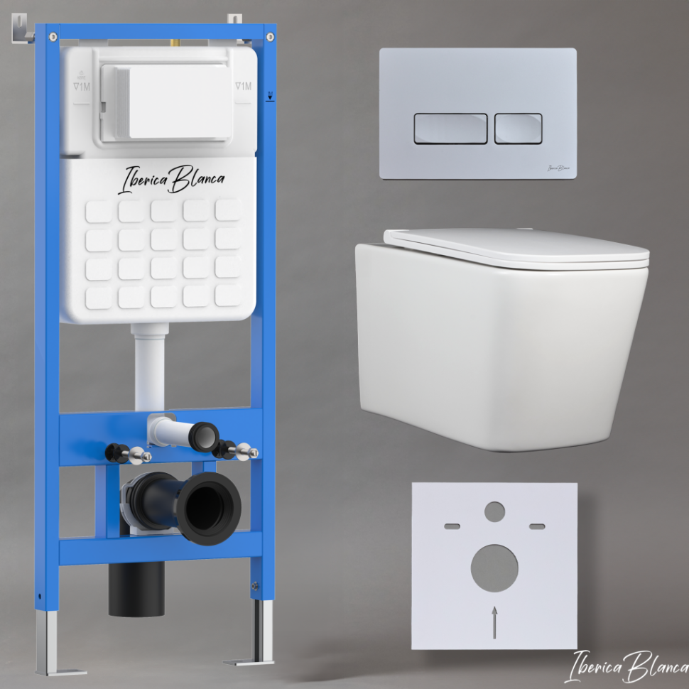 Комплект 3в1 IBERICA BLANCA инсталляция SILENCIO, унитаз TOLEDO ALTO белый, кнопка смыва ESTI-R хром матовый (IB001.TLA.231.214)
