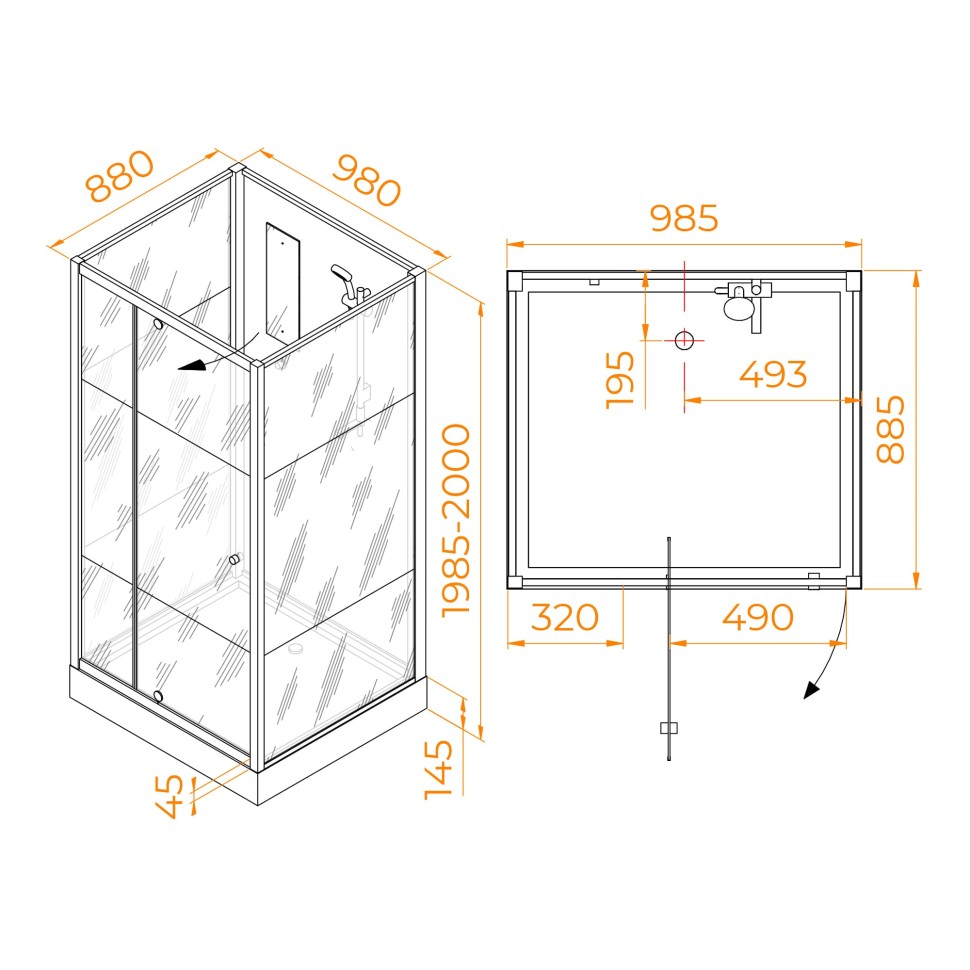 Душевая кабина прямоугольная, распашная дверь, стеклянная, профиль белый - RGW AN-207 (900x1000, Белый)