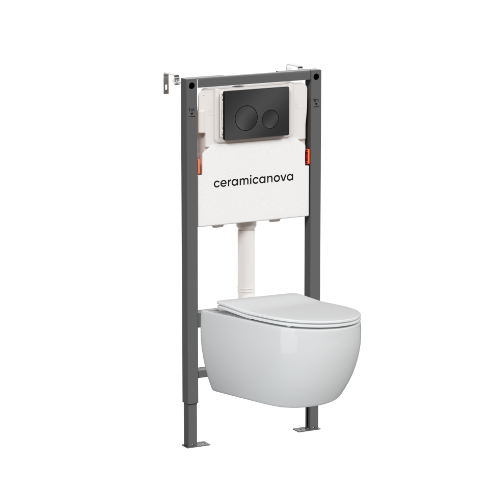 Комплект Подвесной унитаз PLAY Rimless + Система инсталляции Balance кнопка Circle, черный матовый