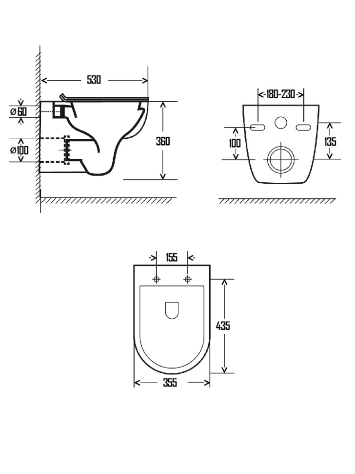 AQM2008 Унитаз подвесной с сиденьем SoftClose, технология смыва Rimless. 530x355x360