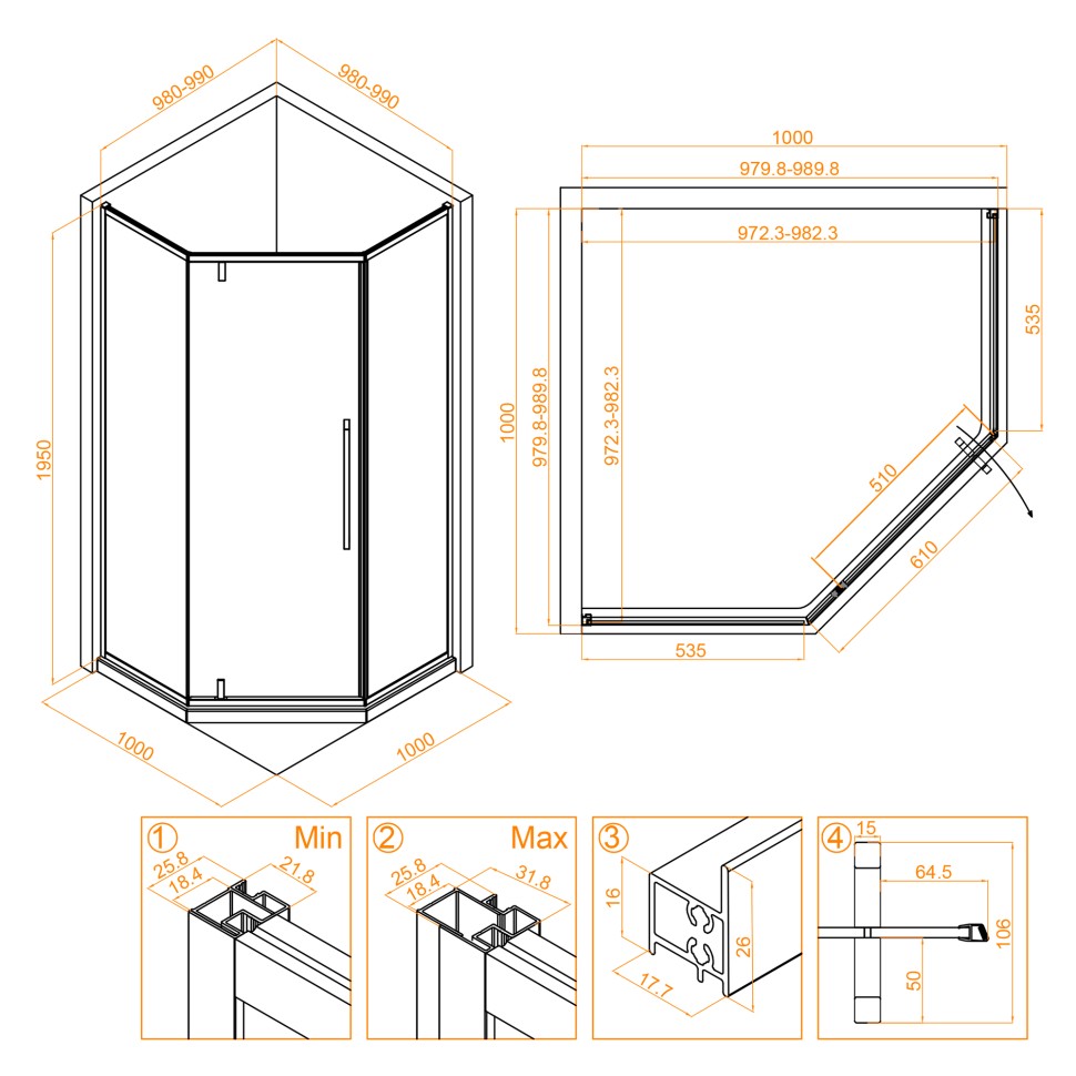 Душевой уголок RGW SV-81 (Прозрачное, 1000x1000)