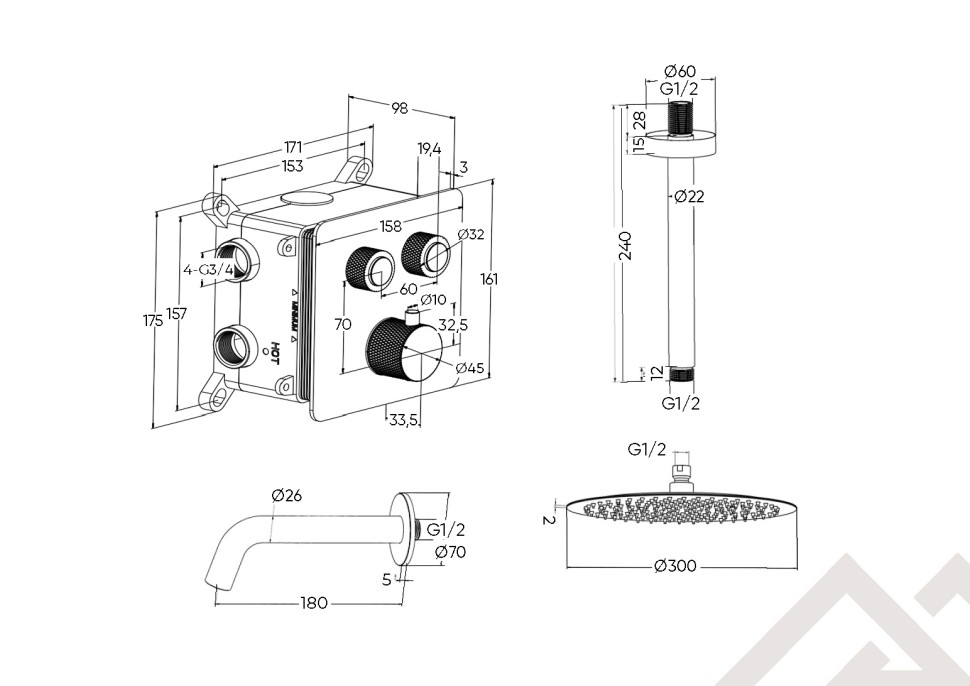 Душевая система скрытого монтажа для душа MILLEAU Tissage TERMO 2SBIT/324.2-GB на 2 потока (комплект с монтажным блоком), Черный глянец