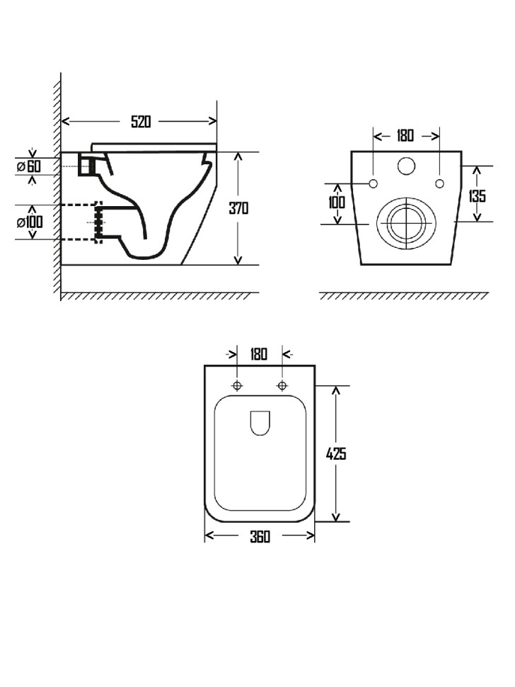 AQM2009 Унитаз подвесной с сиденьем SoftClose, технология смыва Rimless, скрытый крепеж. 525х360х370