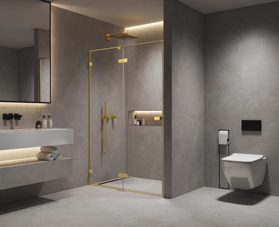 Душевая дверь в нишу 1400х2000 мм, стекло 8 мм, прозрачное, EasyClean, цвет профиля золото шлифованное