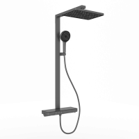 Душевая стойка SANCOS Vos с термостатическим смесителем, изливом, полкой, шлангом 1,5 м, верхним и ручным душем, цвет вороненая сталь, арт. SC6100GG