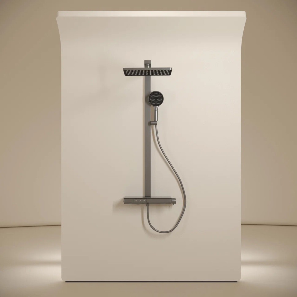 Душевая стойка SANCOS Vos с термостатическим смесителем, изливом, полкой, шлангом 1,5 м, верхним и ручным душем, цвет вороненая сталь, арт. SC6100GG