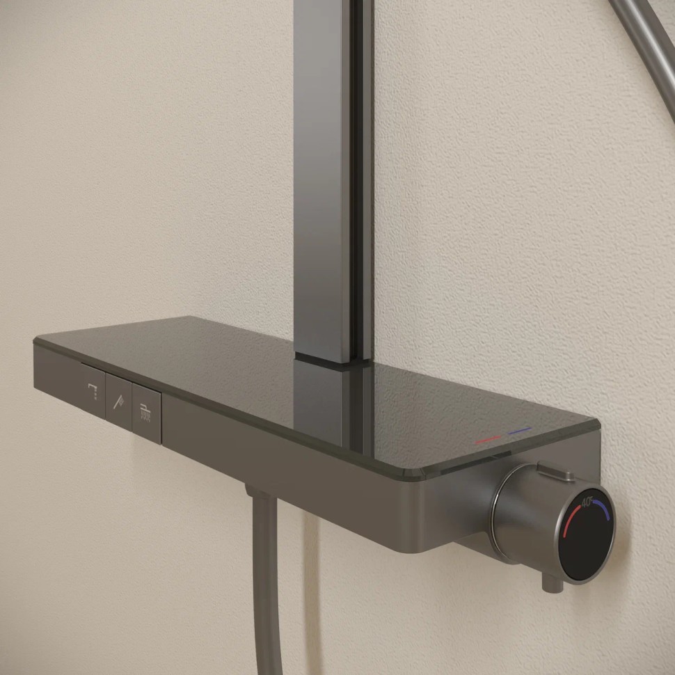 Душевая стойка SANCOS Vos с термостатическим смесителем, изливом, полкой, шлангом 1,5 м, верхним и ручным душем, цвет вороненая сталь, арт. SC6100GG