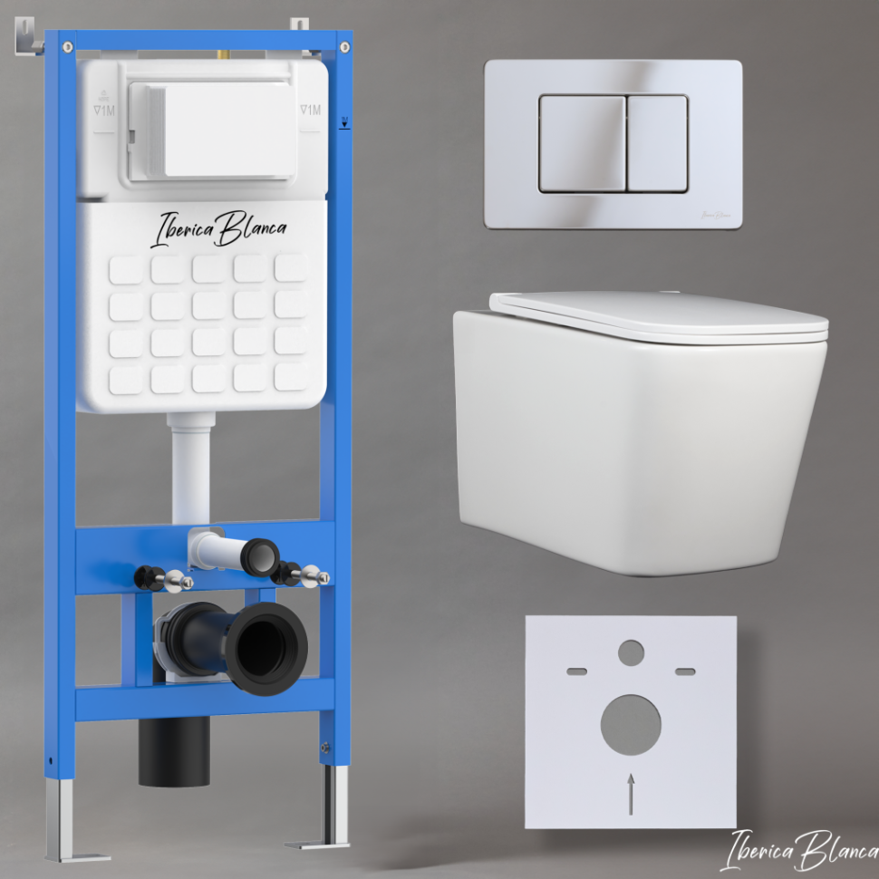 Комплект 3в1 IBERICA BLANCA инсталляция SILENCIO, унитаз TOLEDO ALTO белый, кнопка смыва INOX-C хром глянцевый (IB001.TLA.231.1131)