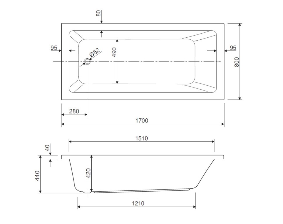 Акриловая ванна CEZARES PLANE SOLO-170-80-49-W37