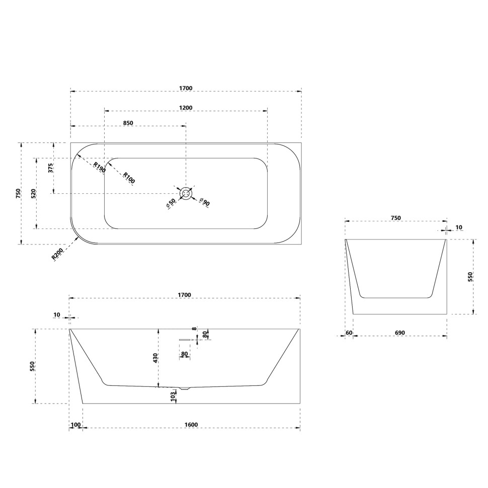 Ванна из искусственного камня ABBER Stein AS9621-1.7 R белая матовая