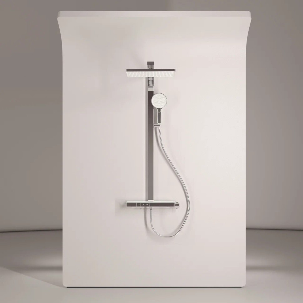 Душевая стойка SANCOS Vos с термостатическим смесителем, изливом, полкой, шлангом 1,5 м, верхним и ручным душем, цвет хром, арт. SC6100CH