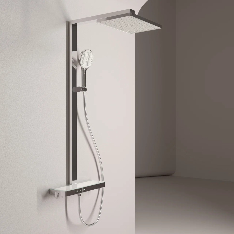 Душевая стойка SANCOS Vos с термостатическим смесителем, изливом, полкой, шлангом 1,5 м, верхним и ручным душем, цвет хром, арт. SC6100CH