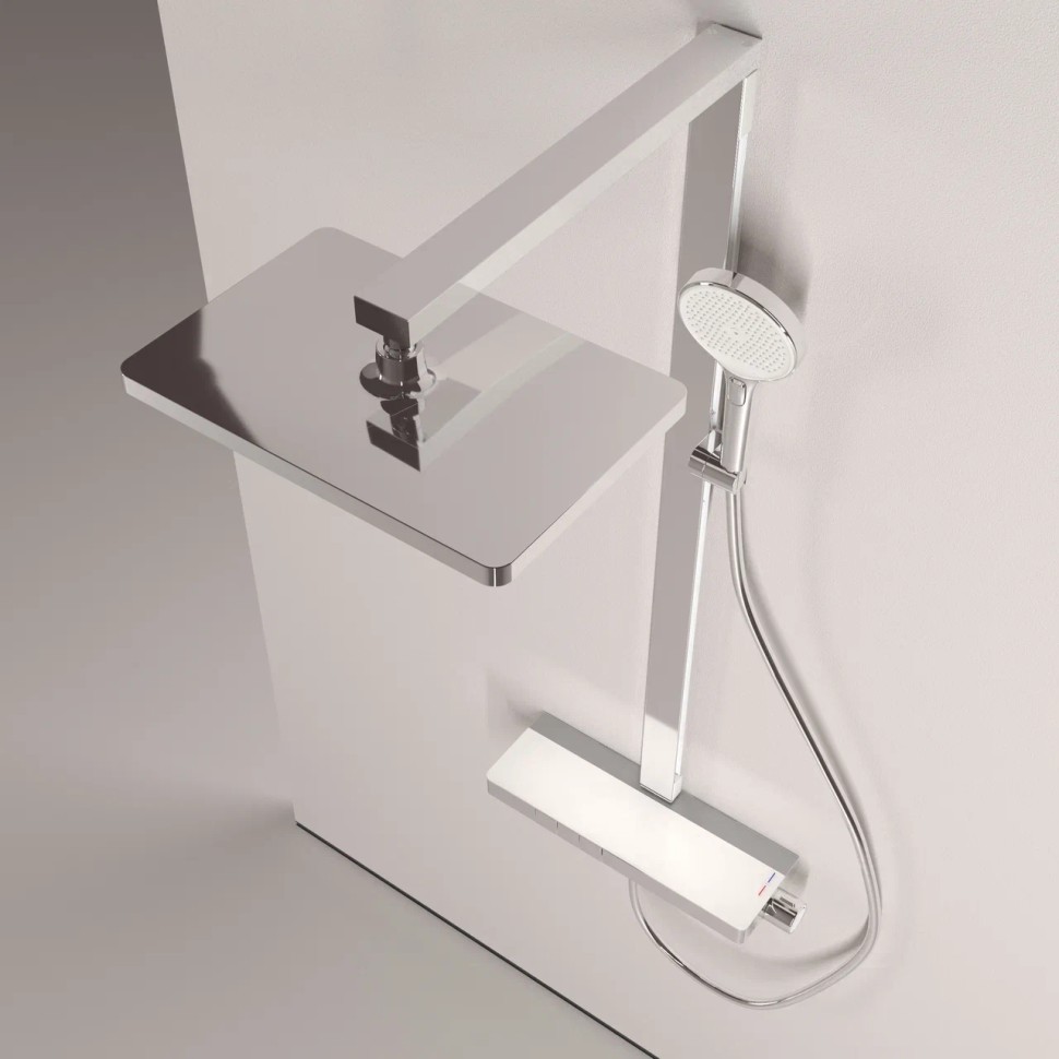 Душевая стойка SANCOS Vos с термостатическим смесителем, изливом, полкой, шлангом 1,5 м, верхним и ручным душем, цвет хром, арт. SC6100CH
