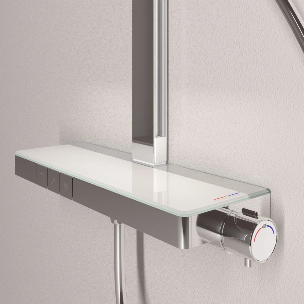 Душевая стойка SANCOS Vos с термостатическим смесителем, изливом, полкой, шлангом 1,5 м, верхним и ручным душем, цвет хром, арт. SC6100CH