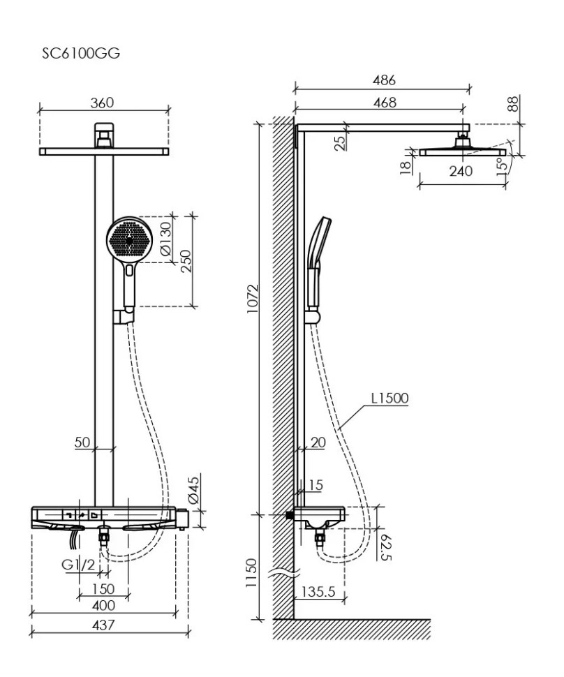 Душевая стойка SANCOS Vos с термостатическим смесителем, изливом, полкой, шлангом 1,5 м, верхним и ручным душем, цвет хром, арт. SC6100CH