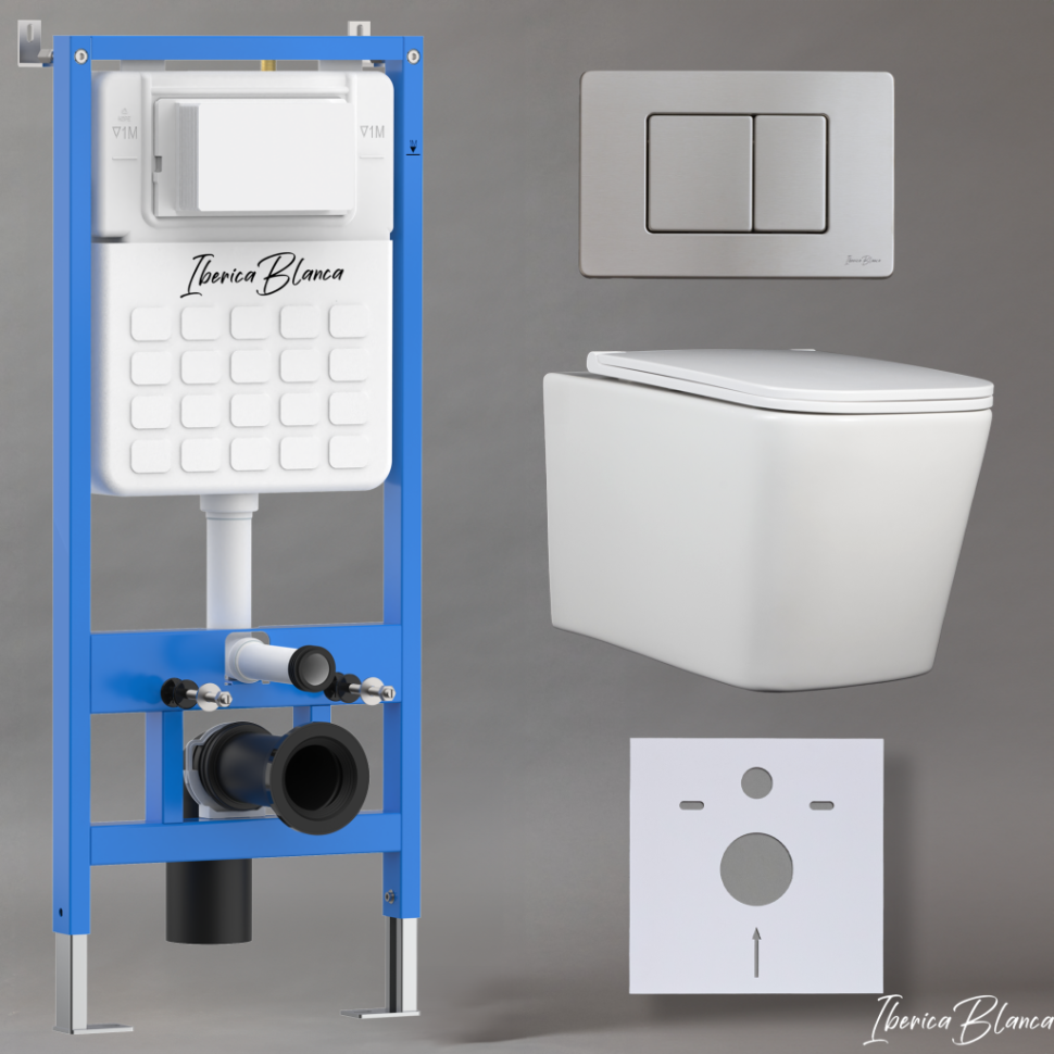 Комплект 3в1 IBERICA BLANCA инсталляция SILENCIO, унитаз TOLEDO ALTO белый, кнопка смыва INOX-C хром матовый (IB001.TLA.231.1132)