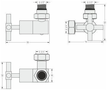 Вентиль 3D правый крест (G 1/2" НР х G 3/4" НГ)