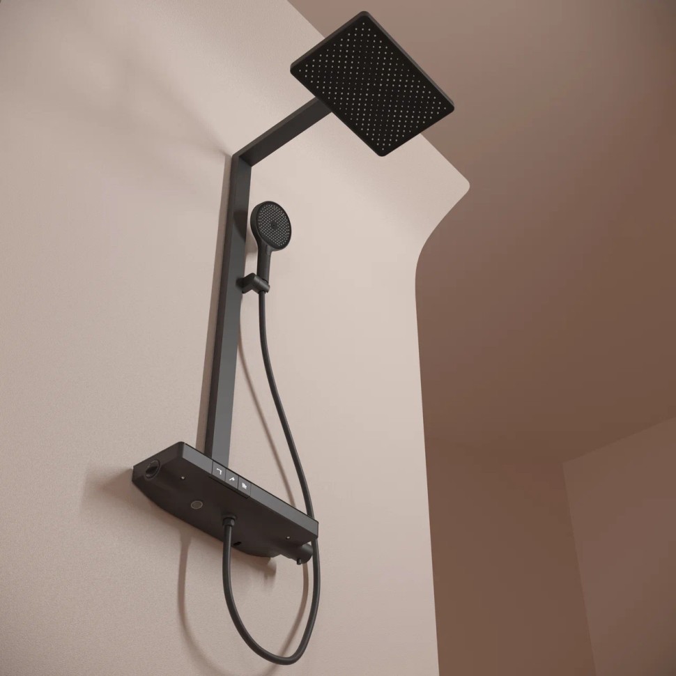 Душевая стойка SANCOS Vos с термостатическим смесителем, изливом, полкой, шлангом 1,5 м, верхним и ручным душем, цвет черный матовый, арт. SC6100MB