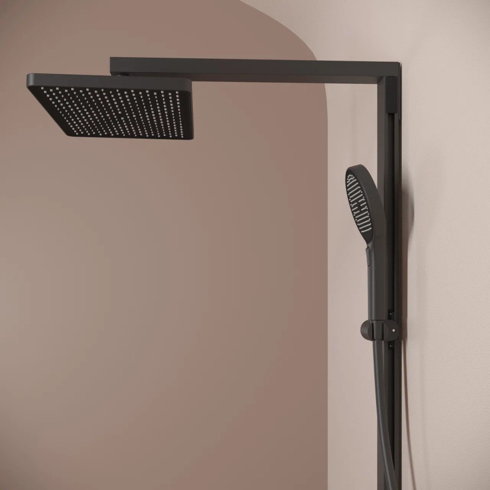 Душевая стойка SANCOS Vos с термостатическим смесителем, изливом, полкой, шлангом 1,5 м, верхним и ручным душем, цвет черный матовый, арт. SC6100MB