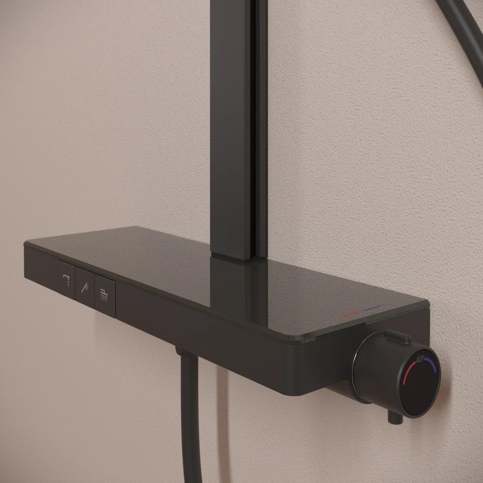 Душевая стойка SANCOS Vos с термостатическим смесителем, изливом, полкой, шлангом 1,5 м, верхним и ручным душем, цвет черный матовый, арт. SC6100MB