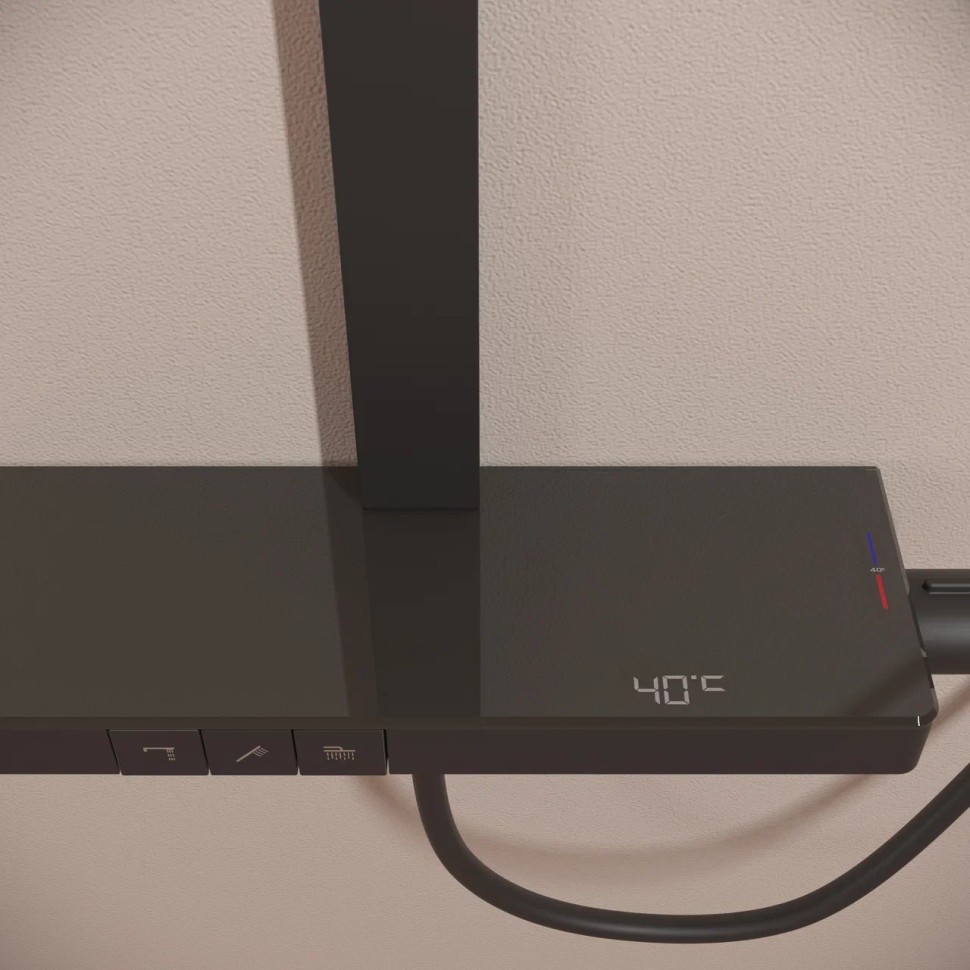 Душевая стойка SANCOS Vos с термостатическим смесителем, изливом, полкой, шлангом 1,5 м, верхним и ручным душем, цвет черный матовый, арт. SC6100MB