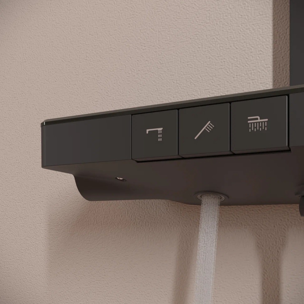 Душевая стойка SANCOS Vos с термостатическим смесителем, изливом, полкой, шлангом 1,5 м, верхним и ручным душем, цвет черный матовый, арт. SC6100MB