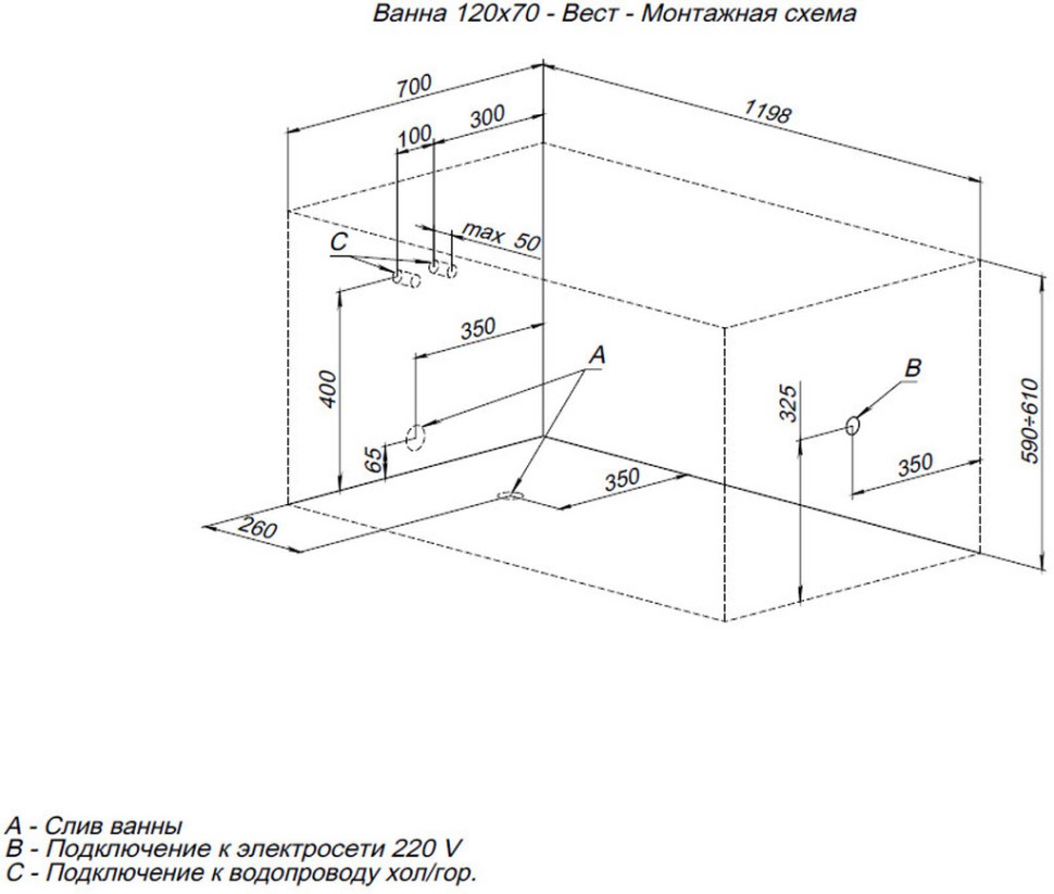 Акриловая ванна Aquanet West 120x70 (с каркасом)