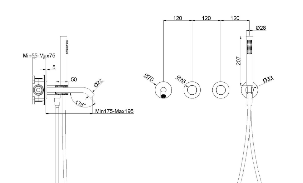 Смеситель для ванны Аура (Aura) VBTW-6AU1BG, встраиваемый, брашированное золото