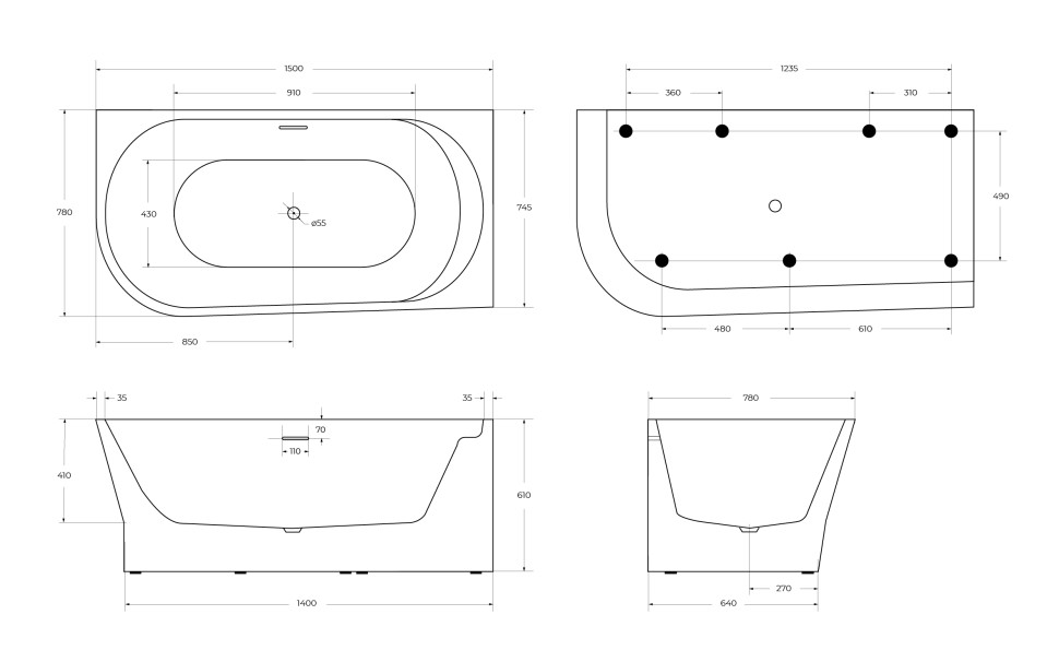 Акриловая ванна BELBAGNO BB410-1500-780-R