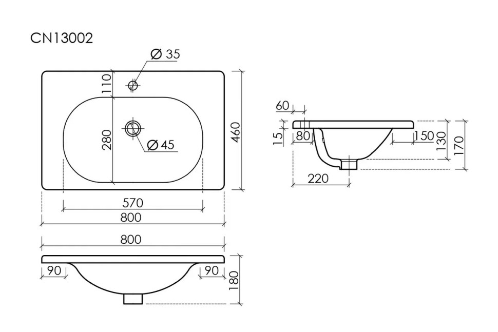 Раковина накладная CERAMICANOVA Sabo с отверстием под смеситель 800x460x130 белый