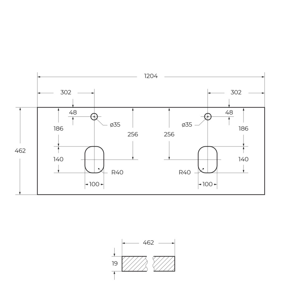 Столешница из МДФ с двумя отверстиями под раковину и с двумя отверстиями под смеситель BelBagno EK-120-2-BO Bianco Opaco