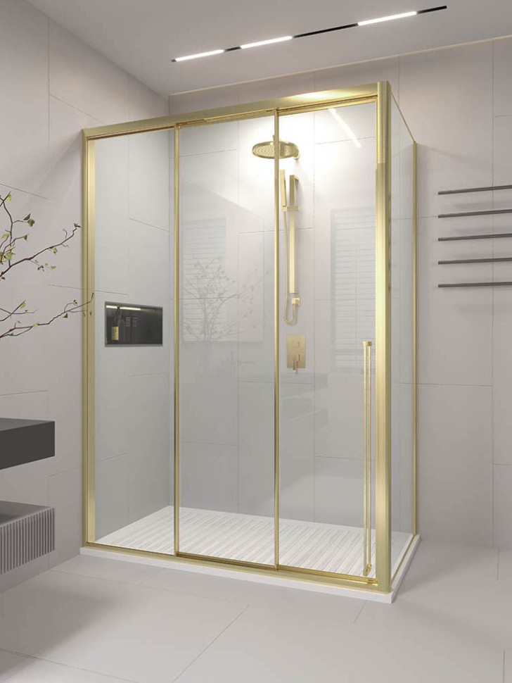 Душевой угол раздвижной Veconi Premium Ptato 300 SP G-L, 1600х800x2000, золото брашированный, стекло прозрачное