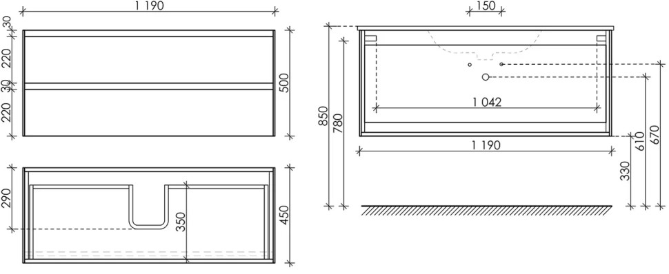 Тумба подвесная SANCOS Cento 1190х450х500, c двумя ящиками оснащенными доводчиками, белый глянец, арт. CN120-1W
