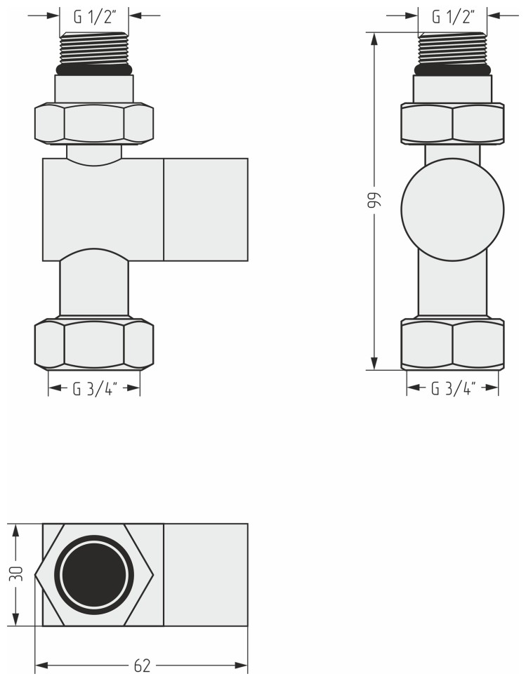 Вентиль прямой под шестигранник (G 1/2" НР х G 3/4" НГ)