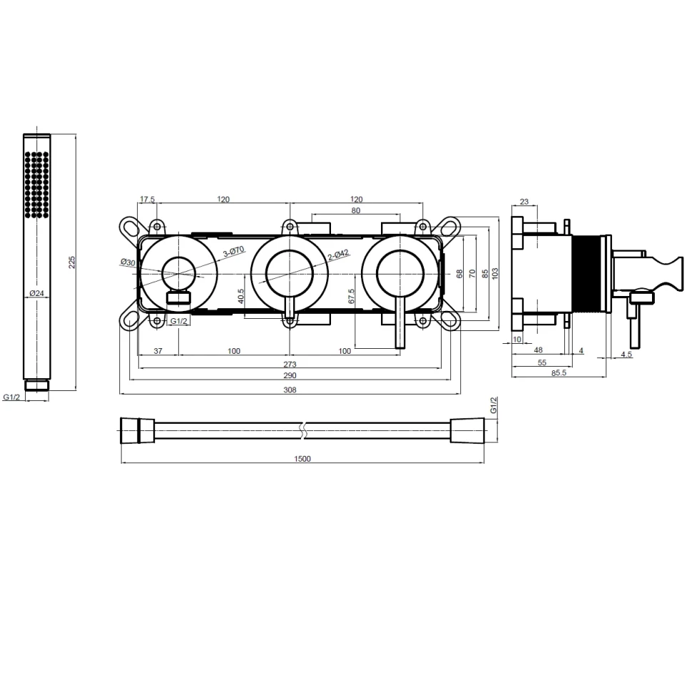 AQM8408CR Набор для комплектации ванны с изливом, верхним и ручным душем, хром