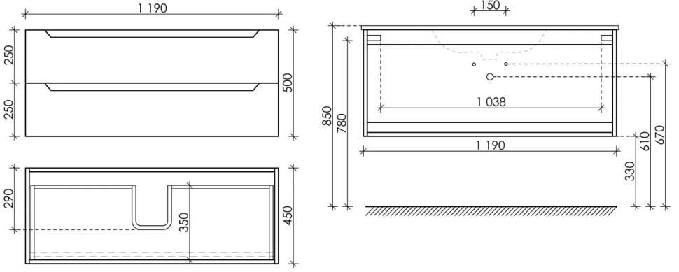 Тумба подвесная SANCOS Norma 2.0 1190х450х500, c двумя ящиками оснащенными доводчиками, белый глянец , арт. NR2.120-1W