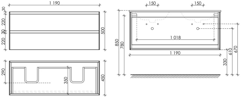 Тумба подвесная SANCOS Cento 1190х450х500, c двумя ящиками оснащенными доводчиками, белый глянец, арт. CN120-2W
