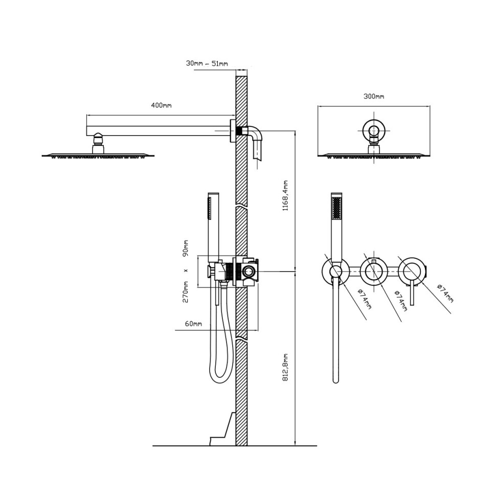 Душевой комплект Groove VSFW-4G01GM встраиваемый, 2 режима, 30см верх душ, вороненая сталь
