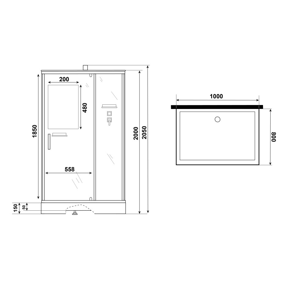 Душевая кабина Niagara Standart ST100/80/15Q/BL/BK (100х80х200) прямоугольник,поддон 15см,распашная,проф.черный,без крыши,3 места