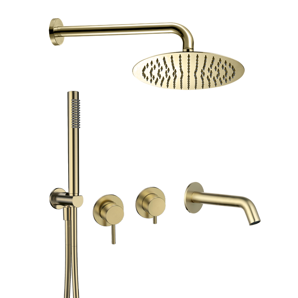 AQM8408BG Набор для комплектации ванны с изливом, верхним и ручным душем, шлифованное золото
