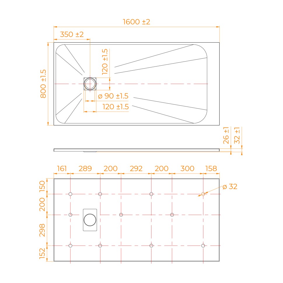 Душевой поддон прямоугольный RGW TSS-W Белый (800x1600)