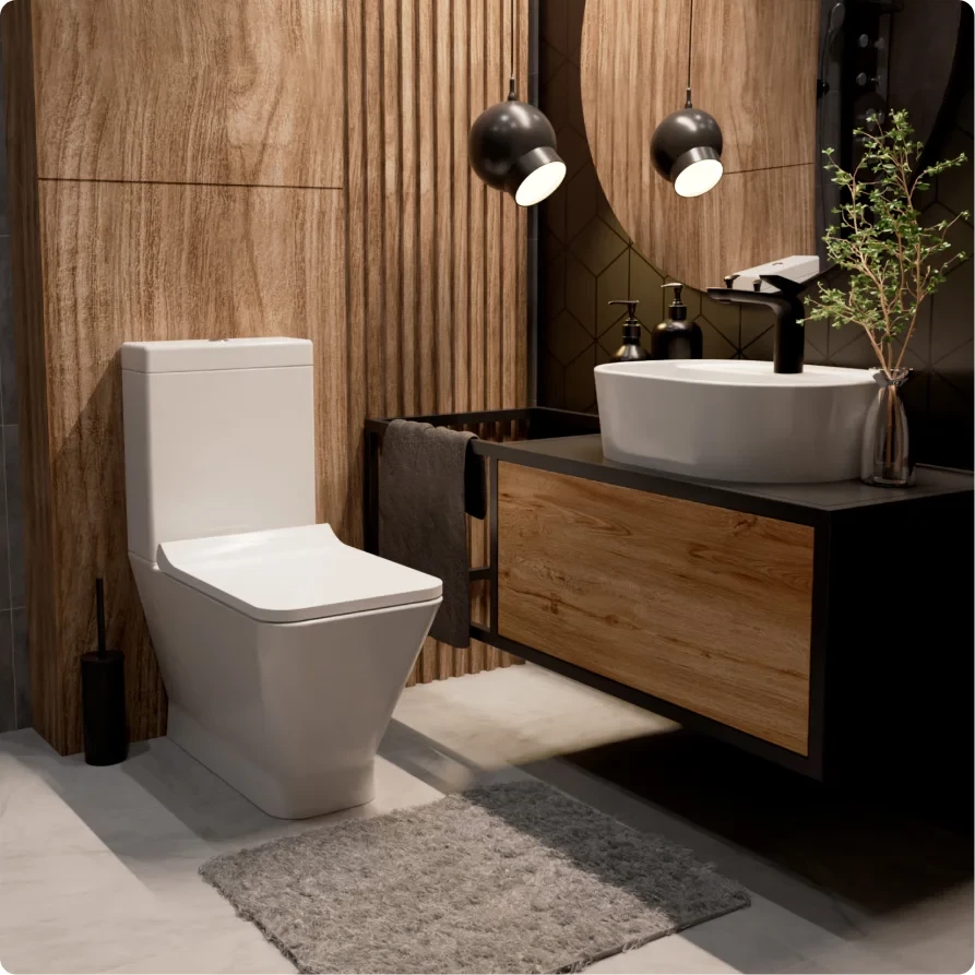 AQM1005PRO Унитаз напольный Rimless c сиденьем SoftClose, горизонтальный выпуск. 620x345x415мм