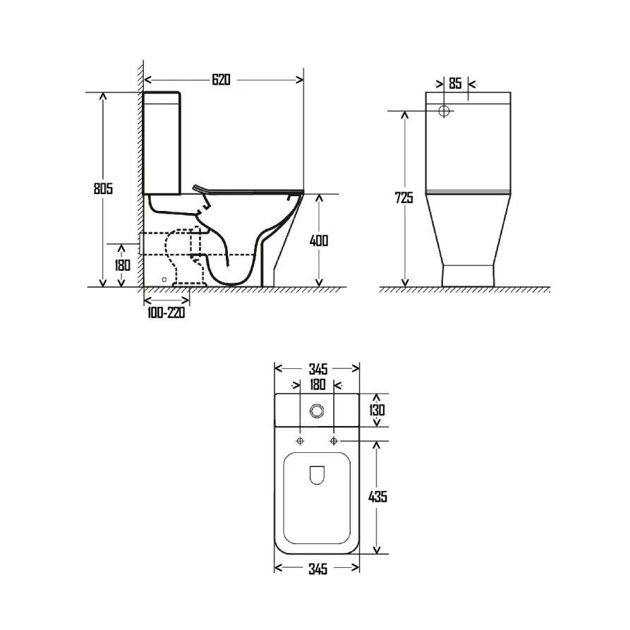AQM1005PRO Унитаз напольный Rimless c сиденьем SoftClose, горизонтальный выпуск. 620x345x415мм